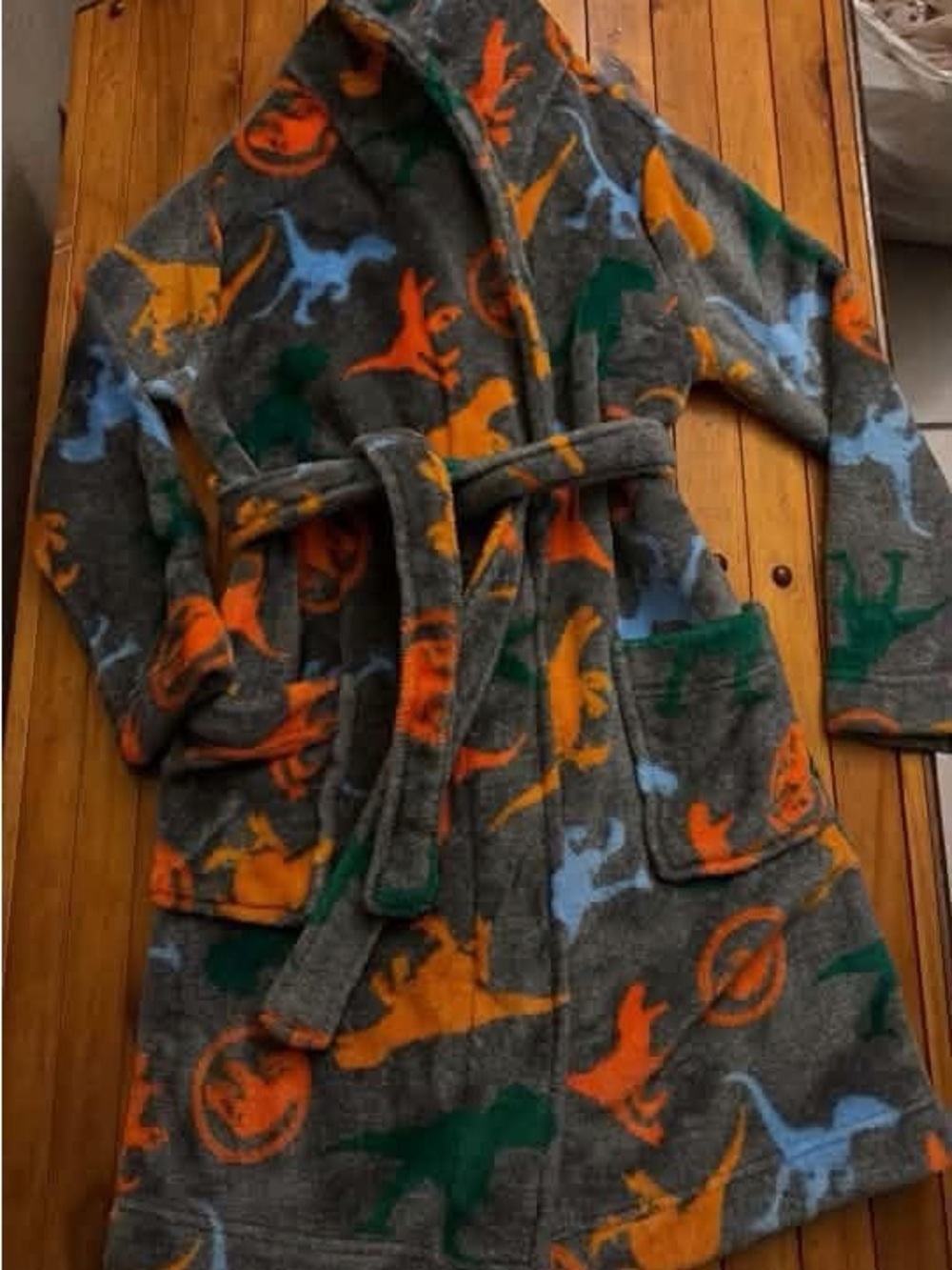 Kids Jurassic World Robe - Gray with Orange, Green & Blue Dinosaurs
